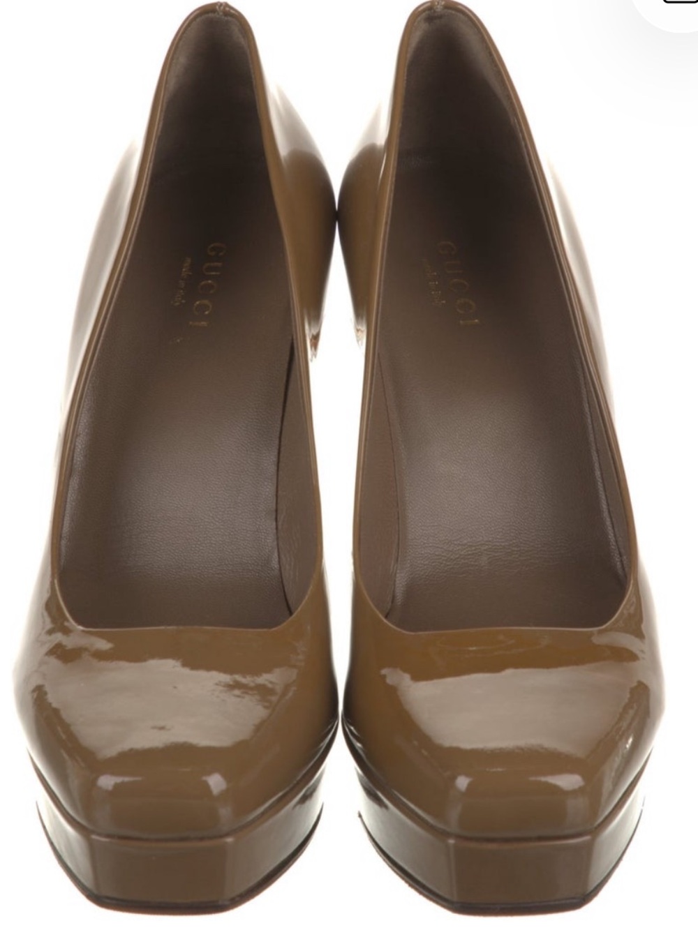 Gucci Glossy Patent Platform Pump - Olive Brown square toe